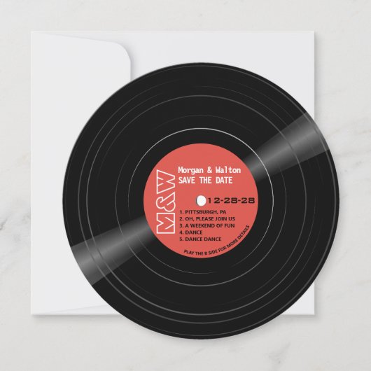 Schallplatten-Monogramm - Retro rotes Label Save The Date (Vorderseite)