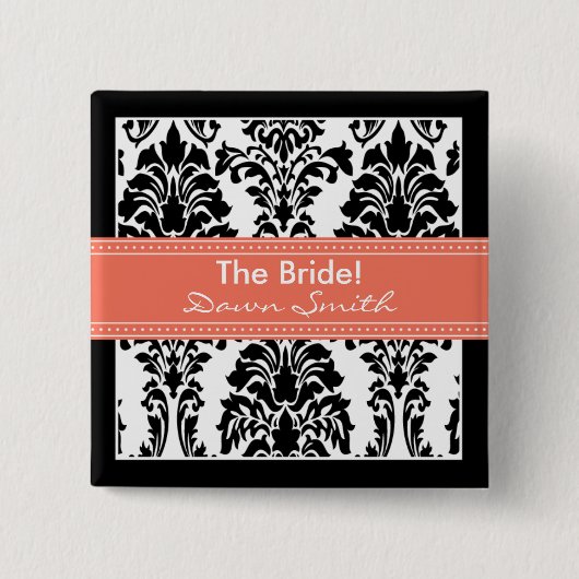 Schaltfläche "Elegant Damask Brautparty" (Korallen Button (Vorderseite)