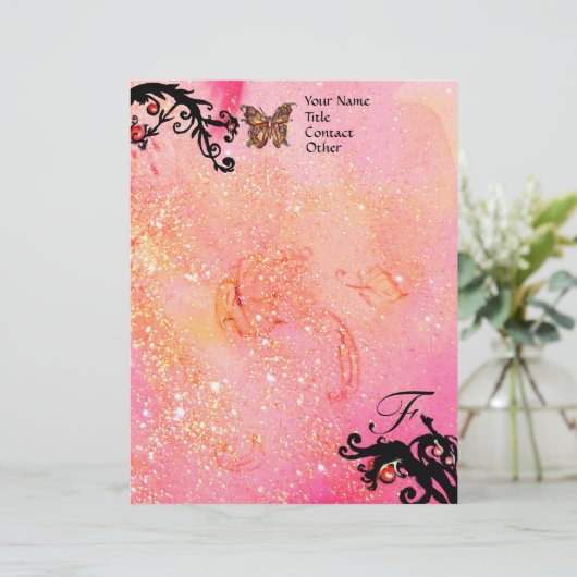 SCHALTFLÄCHE IN GLITZERN, rosa Schwarze Wirbel Mon Briefbogen (Stehend Vorderseite)