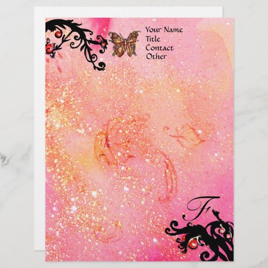 SCHALTFLÄCHE IN GLITZERN, rosa Schwarze Wirbel Mon Briefbogen (Vorne/Hinten)