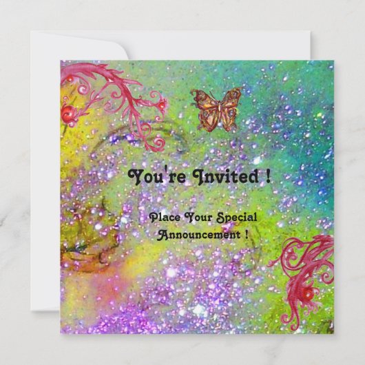 SCHALTFLÄCHE IN SPARKLE 2 Fotovorlage lila grün Einladung (Rückseite)