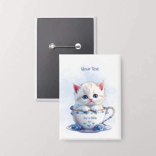 Schaltfläche "Kitten in Cup Blue Flowers" Button (Vorderseite/Rückseite)