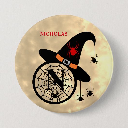 Schaltfläche "Monogram N Halloween Sky Hexen Spide Button (Vorderseite)