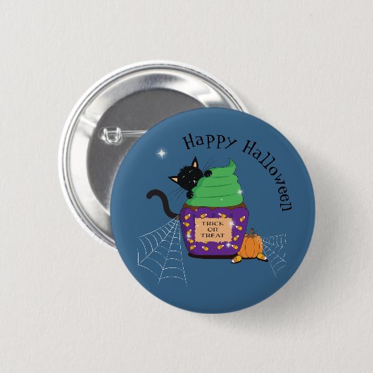 Schaltfläche "niedlich Black Cat and Cupcake Blue  Button (Vorne & Hinten)