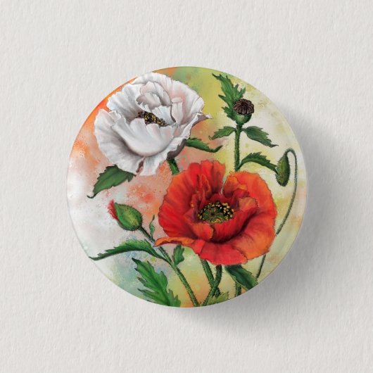 Schaltfläche "Red White Poppies" - Malerei Button (Vorderseite)