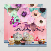 SCHALTFLÄCHE, ROSE, ANEMONEN-BLUME, KUPCAKEN Gebur Einladung (Vorne/Hinten)