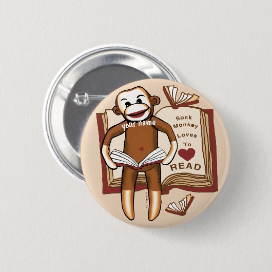 Schaltfläche Sock Monkey Reading Button (Vorne & Hinten)