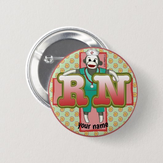 Schaltfläche Sock Monkey RN Nurse Button (Vorne & Hinten)