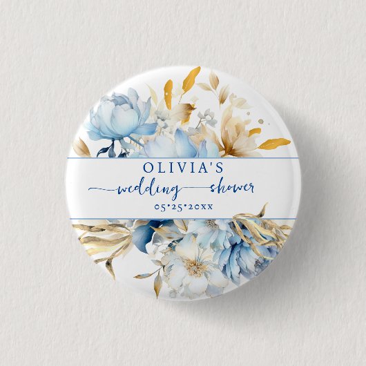 Schaltfläche zum Blue Floral Gold-Polterabend Button (Vorderseite)