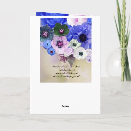 SCHALTFLÄCHEN, WEISSE BLAUE ROSE UND ANEMONEN-BLUM KARTE (Rückseite)