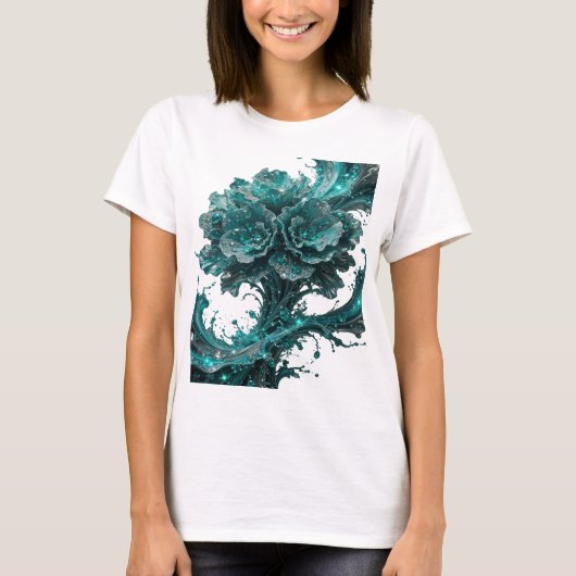 Scharfes Silbernes Blaues Blumenmuster T-Shirt (Vorderseite)