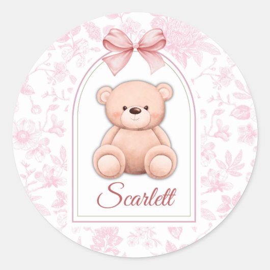 Scharlachrot | Benutzerdefiniertes rosa Teddy-Bär- Runder Aufkleber (Vorderseite)