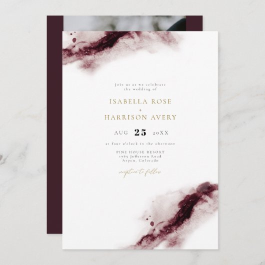 SCHARLACHROT | Boho Burgundy Gold Watercolor Weddi Einladung (Vorne/Hinten)