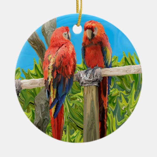 Scharlachrot Macaw-Papageien-Hocken Keramikornament (Vorne)