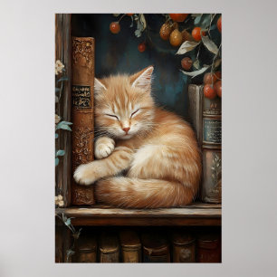 Scharlachrote Katze schläft auf Büchern Druck, Dun Poster