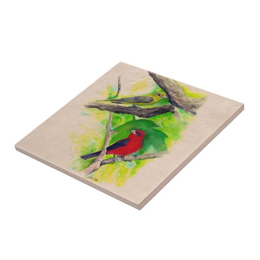 Scharlachrote Tanager Vögel Aquarellmalerei Kerami Fliese (Seite)