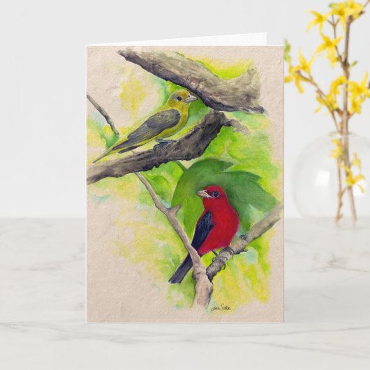 Scharlachrote Tanager Vögel Aquarellmalerkarte Karte (Gelbe Blume)