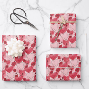 Scharlachrote und rosafarbene Herzen und Rosen  Geschenkpapier Set