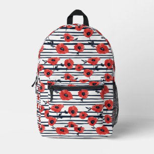 Scharlachroter Mohn Navy Streifen Moderne Botanik Bedruckter Rucksack