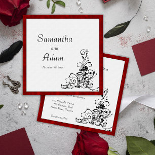 Scharlachroter Samt und Vintage-Ornaments-Hochzeit Einladung