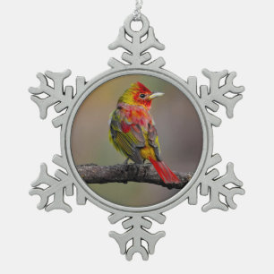 Scharlachtanager Mauser - Original-Fotografie Schneeflocken Zinn-Ornament
