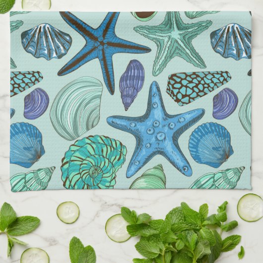 Schatten der blauen Seashells und des Geschirrtuch (Gefaltet)