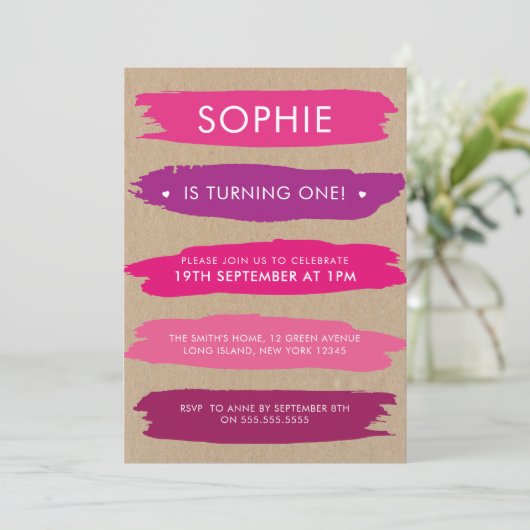 Schatten der rosa Pinselstriche Mädchen am ersten  Einladung (Stehend Vorderseite)