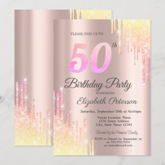 Schatten Glitter Drips Rose Gold 50th Birthday Einladung