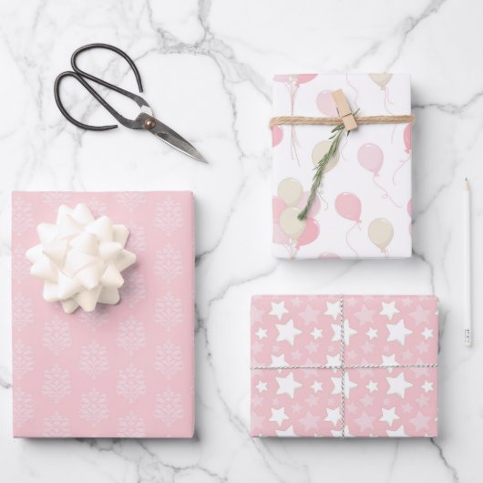 SCHATTEN VON PINK & TAN BALLOONS & STARS GESCHENKPAPIER SET (Vorderseite)