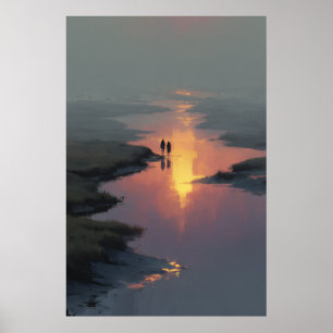 Schattenpaar Sonnenuntergang Bach Reflexion Poster