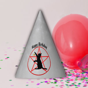 Schattenriss Schwarze Katze Rotes Pentagramm Kreis Partyhütchen
