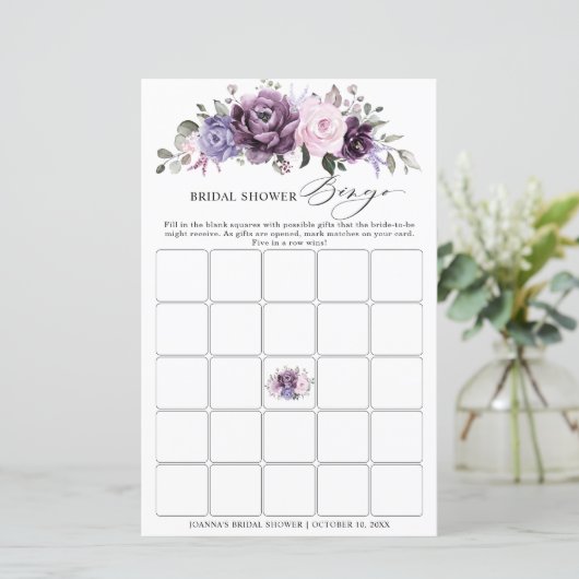 Schattierungen des Lila Blooms Brautparty Bingo (Stehend Vorderseite)