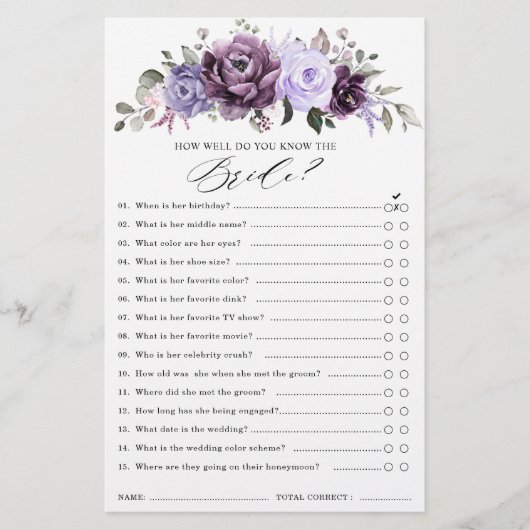 Schattierungen des Lila Blooms Brautparty Game (Vorderseite)