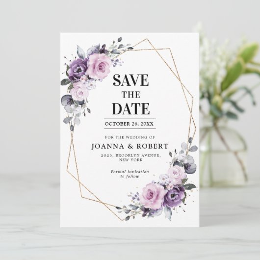 Schattierungen Lila Blooms Geometrisches Hochzeits Save The Date (Stehend Vorderseite)
