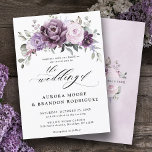 Schattierungen Lila blutiger blutiger Hochzeiten Einladung<br><div class="desc">Eine elegante und moderne Blumenzettel im Hochzeitsommer lädt zum Verweilen ein, mit einem Bouquet von Rose in Aquarelltönen in lila Pflaumen, staubiger Rose, staubigen Rosa, Lila, Salbei mit üppig grünen botanischen Blätter und Eukalyptus. Weitere passende Designs und Variationen finden Sie in meinem "Blitzweddingpaperie" Shop. Und zögern Sie nicht, mich für...</div>