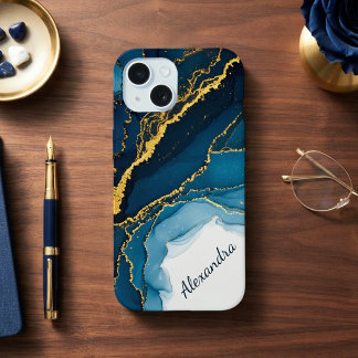 Schattierungen von Blau und Gold-Alkohol-Tinte mit iPhone 15 Hülle