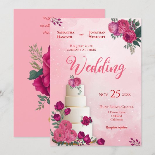 Schattierungen von Magenta Rosa Moderne Hochzeit Einladung (Vorne/Hinten)