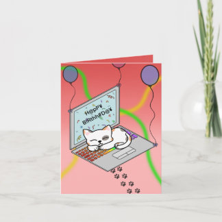 Schattige kat op laptop met slingers verjaardags feiertagskarte