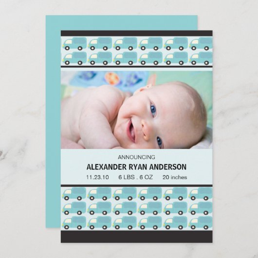 Schatz! Blue Trucks Baby Boy Birth Annoucement Ankündigung (Vorne/Hinten)