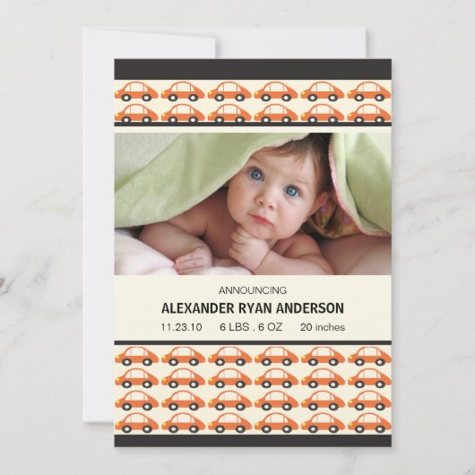 Schatz! Orange Cars Baby Boy Birth Annoucement Ankündigung (Vorderseite)