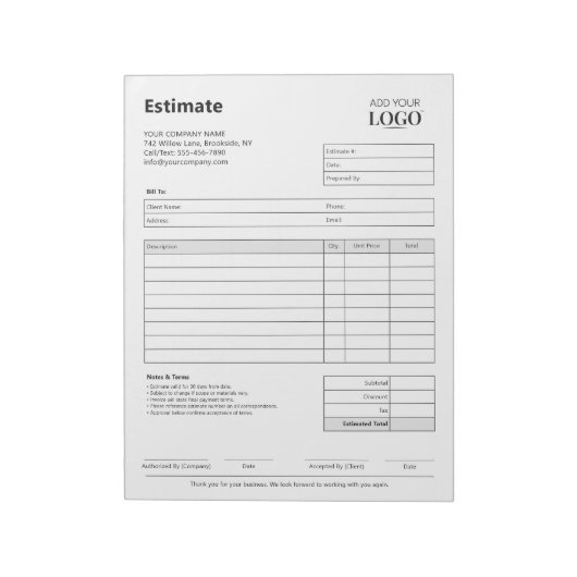 Schätzformular | Modernes Minimalistisches Berufli Notizblock (Rotiert)