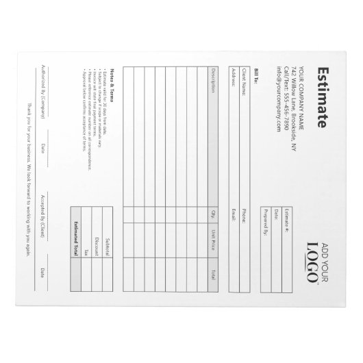 Schätzformular | Modernes Minimalistisches Berufli Notizblock (Vorderseite)