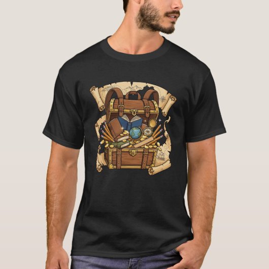 Schatztruhe Rucksack Schulmaterial T-Shirt (Vorderseite)