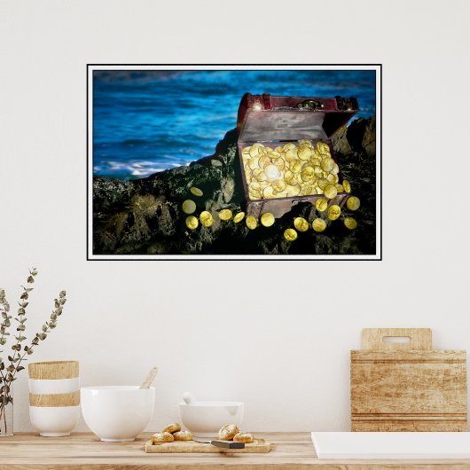 Schatztruhe von Gold auf den Felsen Poster (Küche)