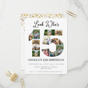 Schau mal, wer 15 ist Foto-Montage-Teenie-Geburtst Einladungspostkarte