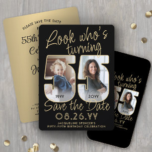 Schau mal, wer 55 ist Schwarz & Gold 2 Foto Geburt Save The Date