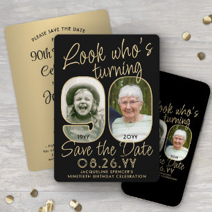 Schau mal, wer 90 ist Schwarz & Gold 2 Foto Geburt Save The Date