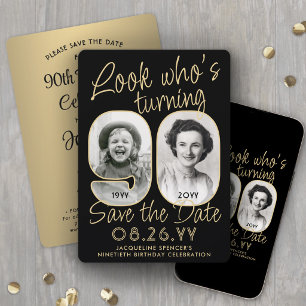 Schau mal, wer 90 ist Schwarz & Gold 2 Foto Geburt Save The Date