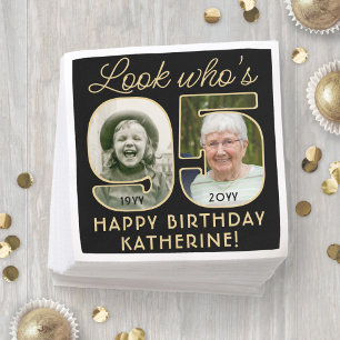 Schau mal, wer 95 ist! Schwarz-goldene Happy Birth Serviette