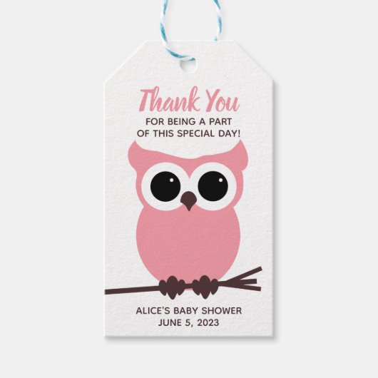 Schau, wer fast fällig ist! Pink Owl Babydusche Geschenkanhänger (Vorderseite)